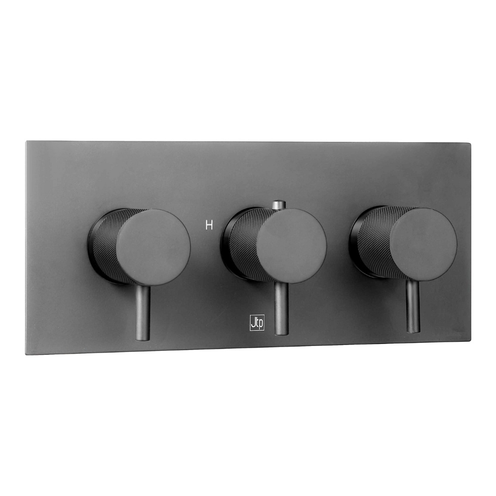 Product Cut out image of the JTP Vos Brushed Black 3 Outlet 3 Handle Landscape Shower Valve with Designer Knurled Handles